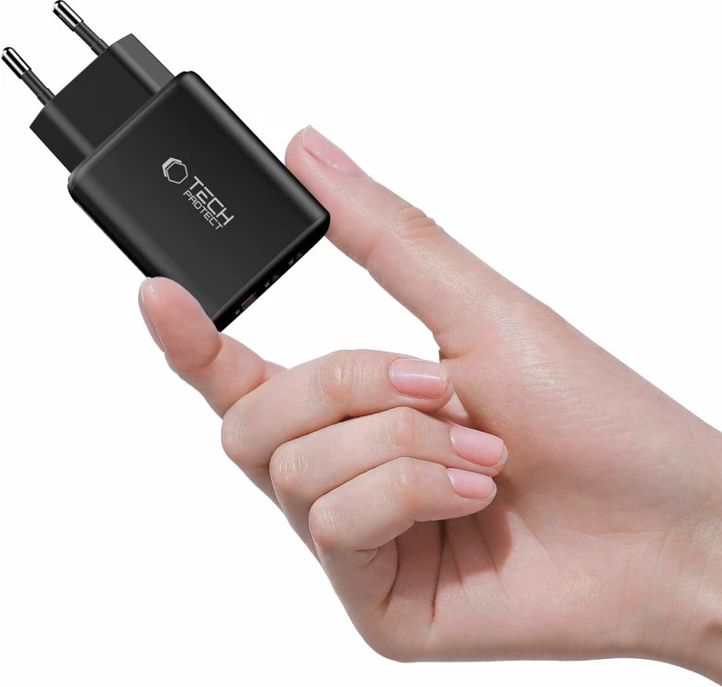 Karikues muri Tech-Protect NCA65W-GAN 65W GaN 3-port (2x USB-C/1x USB-A) PD/QC 3.0, i zi, set me kabllo USB-C 1m