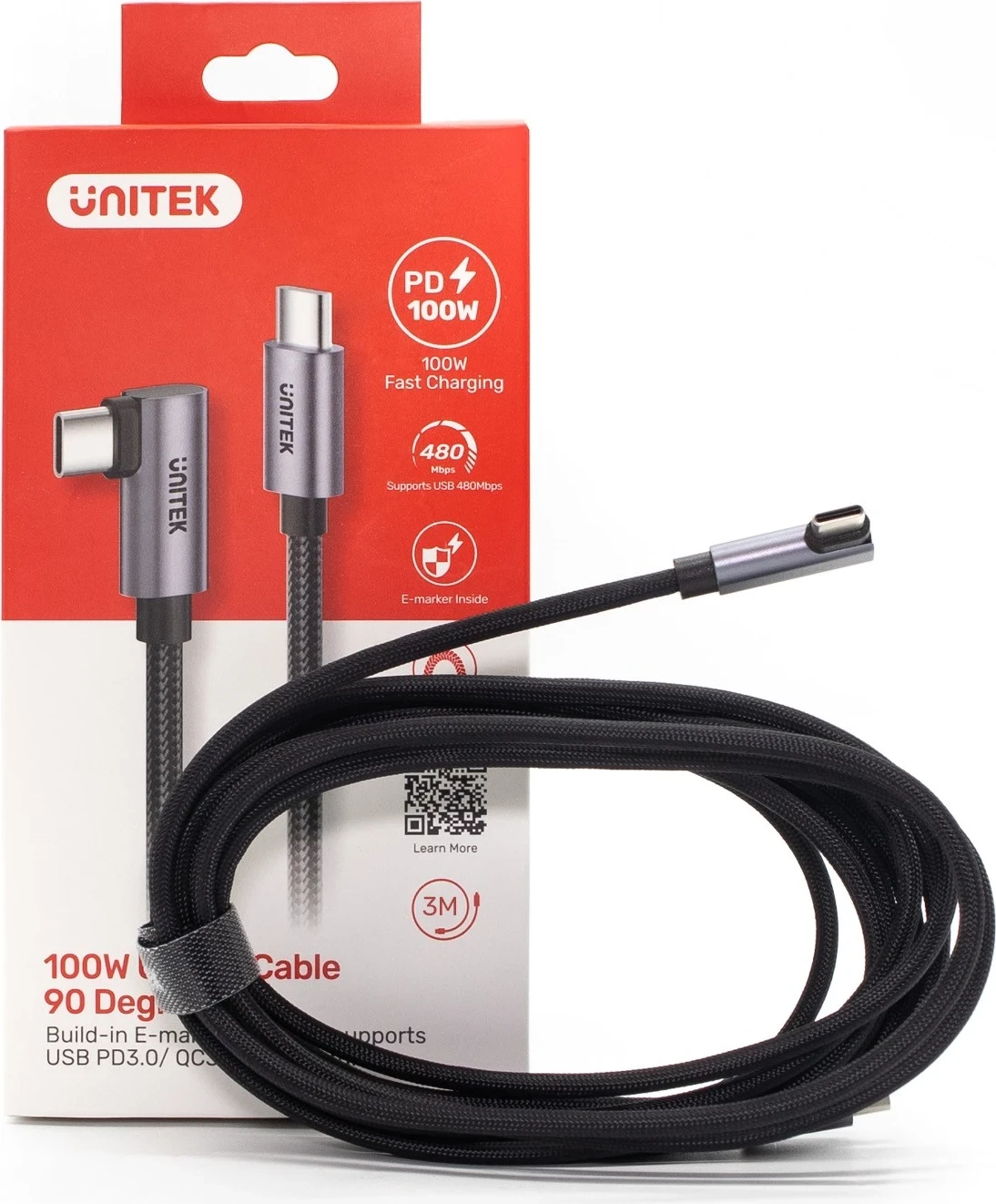 Kabull Unitek USB-C këndor 90° PD100W 3m, ngjyrë zi-hiri