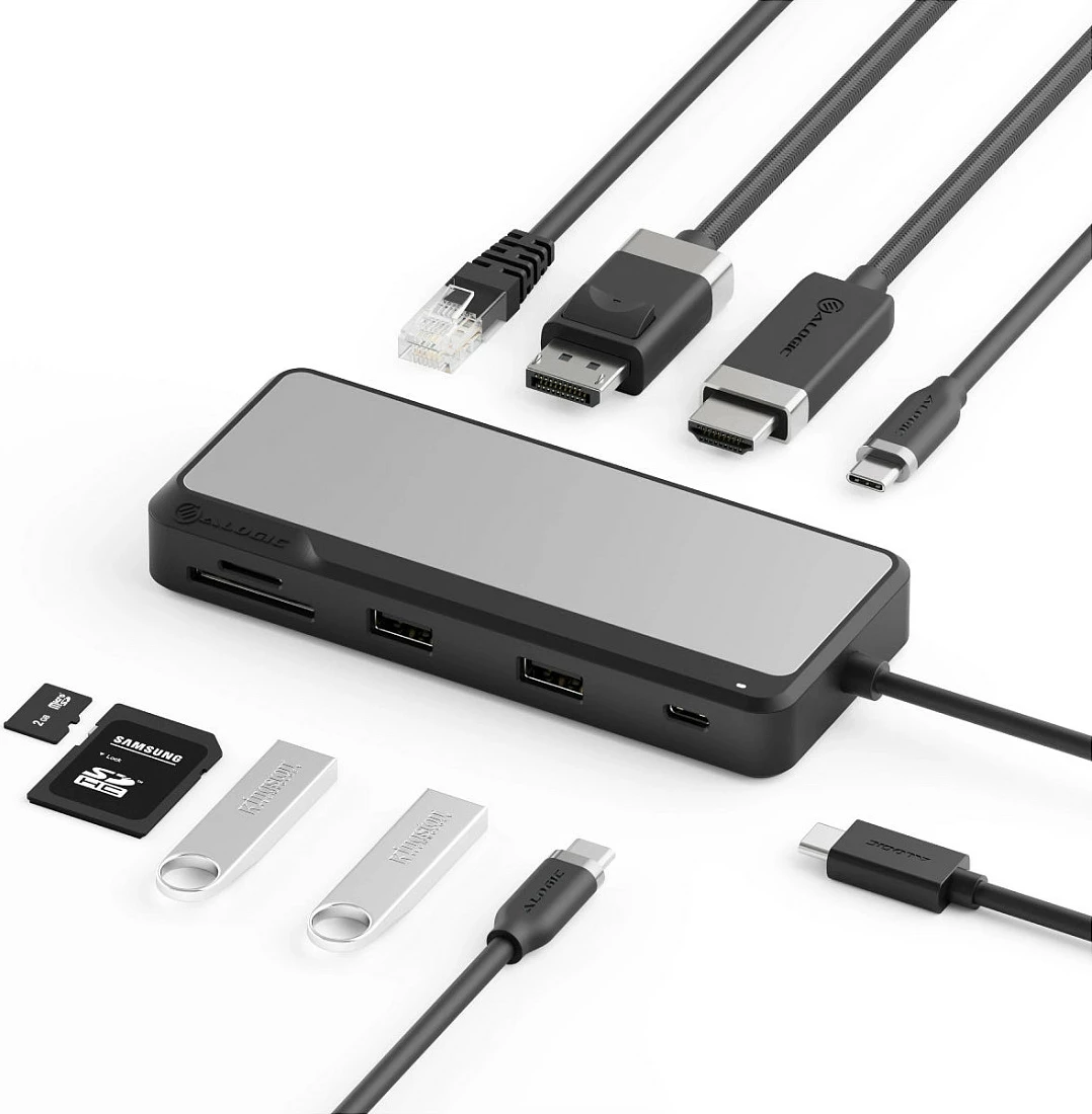 Dock USB-C ALOGIC Pro Axis 8-në-1, Dual Display 4K 60Hz, HDMI + DisplayPort, LAN, SD/MicroSD, Gri