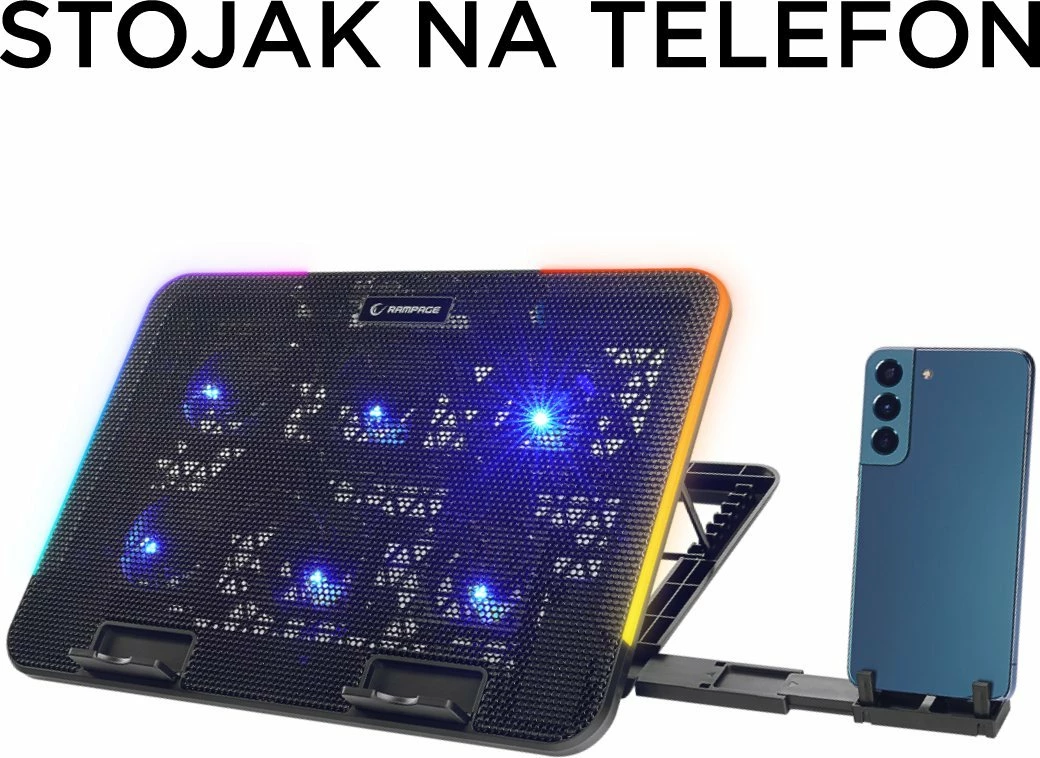 Stendë ftohëse laptopi Rampage Sixpower R9 15.6\", RGB, e rregullueshme, 2x USB 2.0, e zezë