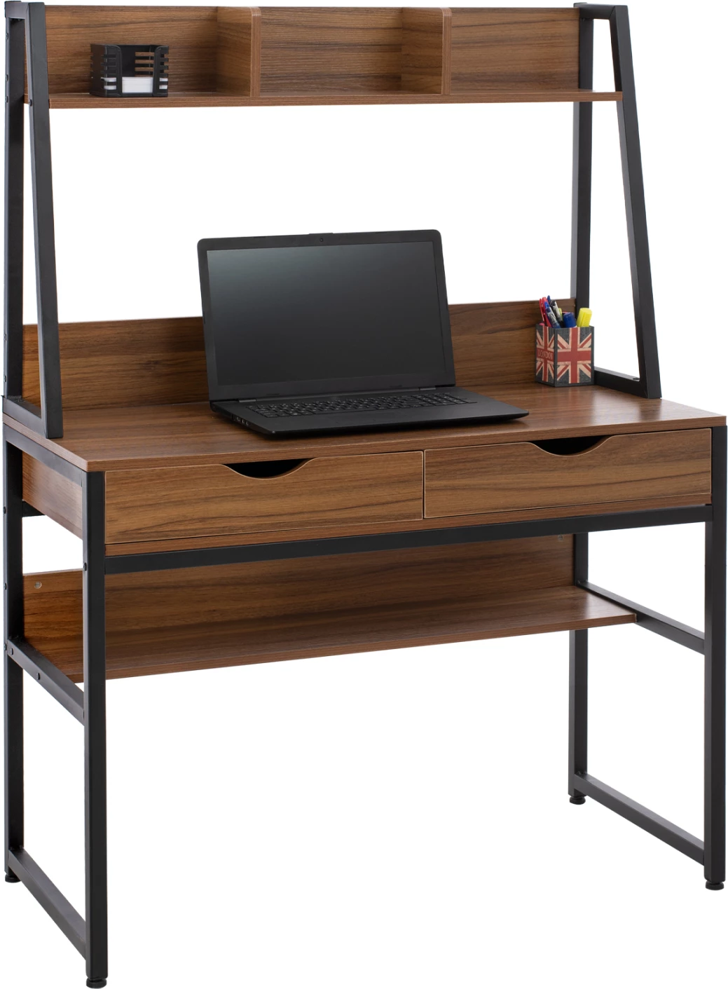 Tavolinë me raft librash, FH2390.12, melaminë, ngjyrë arre & kornizë metalike e zezë, 100x48x139H cm