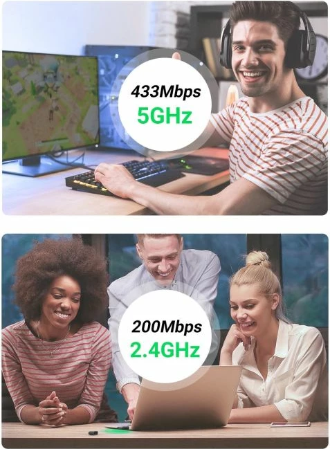 Adapter USB Wi‑Fi UGREEN AC650 (MPN 20204), dual band 2.4/5GHz, 433/200Mbps, USB-A 2.0, i zi, me kuti