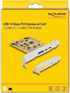 Kartë zgjerimi PCIe x4 DeLOCK, 2x USB-C 10Gbps, 1x USB-C me DP Alt Mode, PCIe 3.0, Metalike/Verdhë