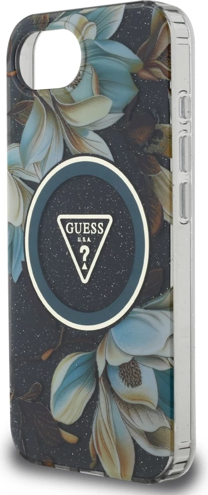 Mbështjellës Guess IML Metal Glitter Flowers Triangle MagSafe për iPhone 16e, zi