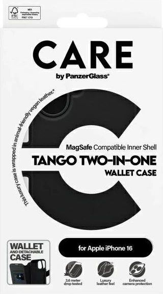 Mbështjellës PanzerGlass CARE Tango 2in1 Wallet për iPhone 16, MagSafe, Zi