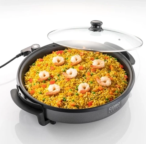 tigan elektrik party CASO Design 1491, 1500W, deri 240°C, 490×160×430 mm, me kapak qelqi, anti-ngjitës, funksion keep-warm, zi/gri