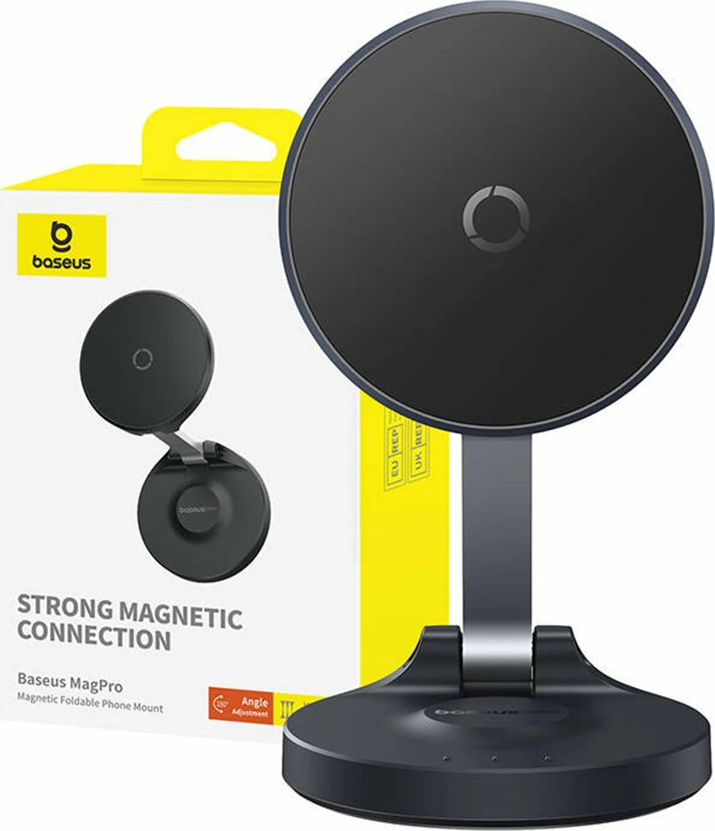 Mbajtëse magnetike për celular Baseus MagPro (MagSafe), montim në panel, rrotullim 360°, e zezë, set me pllakë metalike