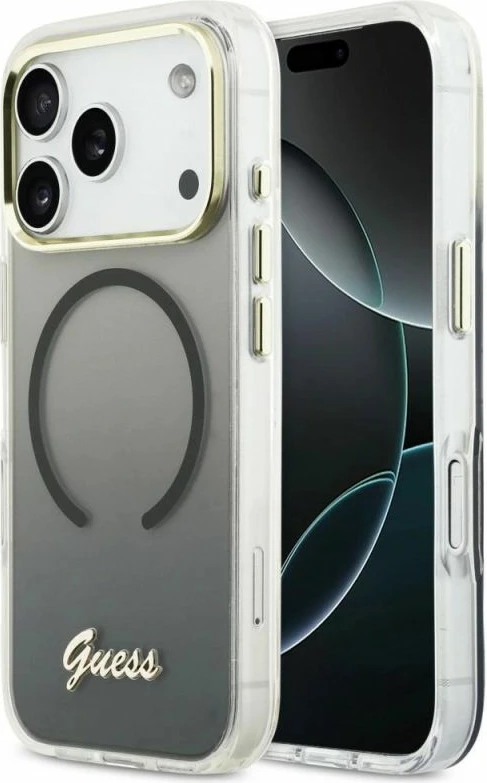 Kapak telefoni Guess IML Gradient Script Metal MagSafe për iPhone 17 Pro, i zi