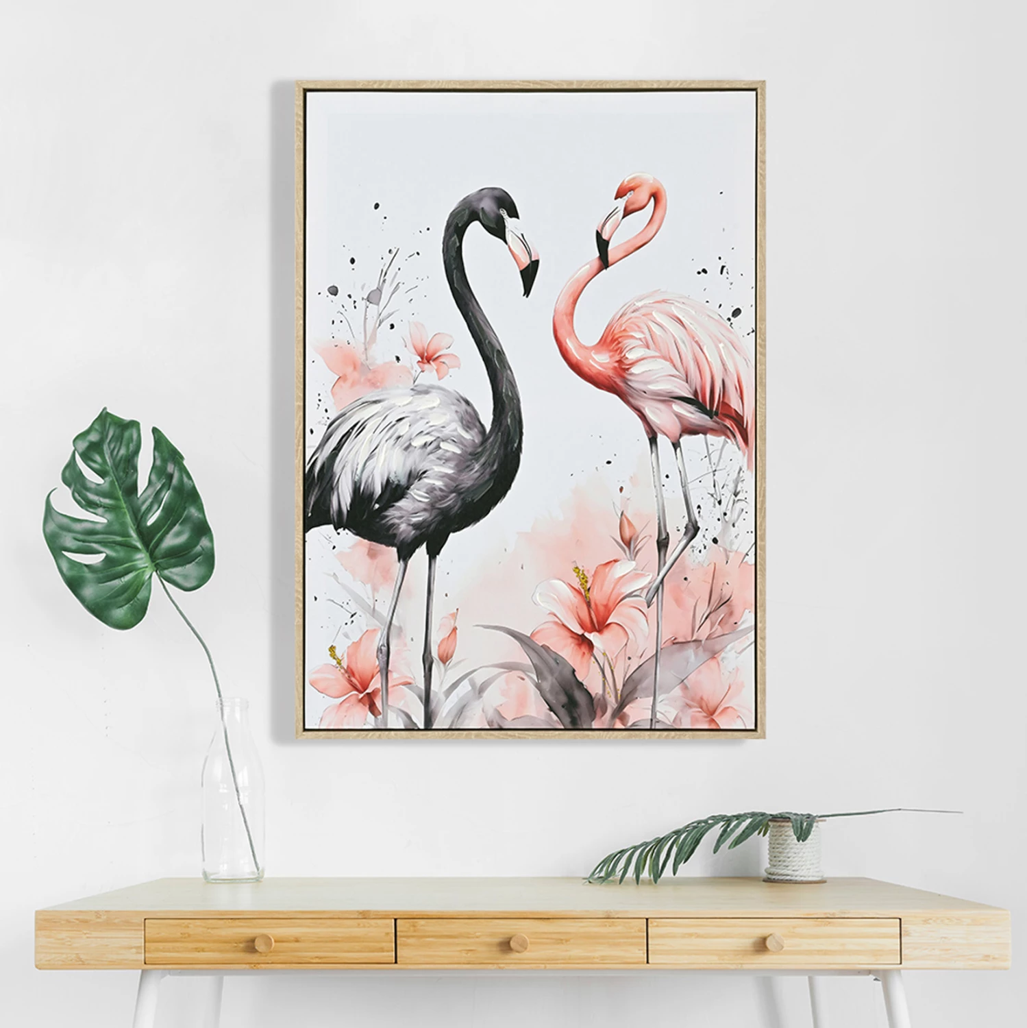 Pikturë muri FH4562, ngjyrë bezhë, kornizë PS, kanavacë e printuar, 2 flamingo, 52.5x2.8x72.5 cm