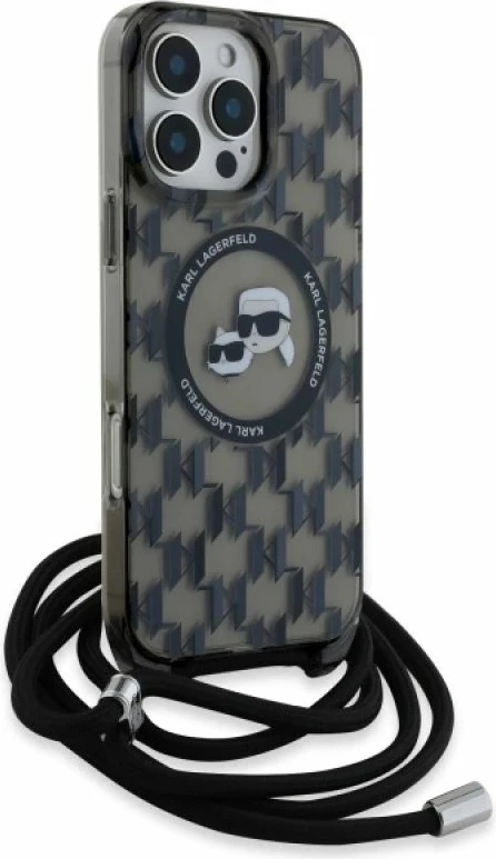 Kapak telefoni Karl Lagerfeld IML Crossbody Monogram Karl & Choupette Head MagSafe për iPhone 16 Pro Max, i zi