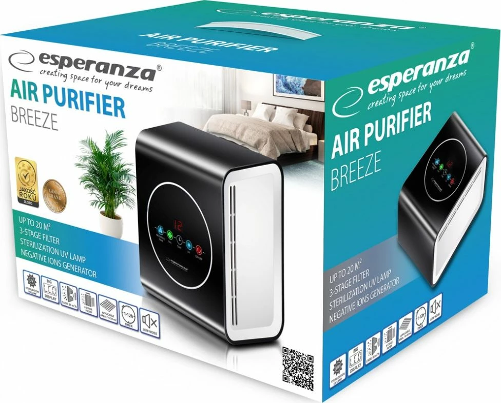 Pastrues ajri Esperanza EHP001, HEPA + karbon, UV, jonizim, 10W, për 10-20 m², i zi