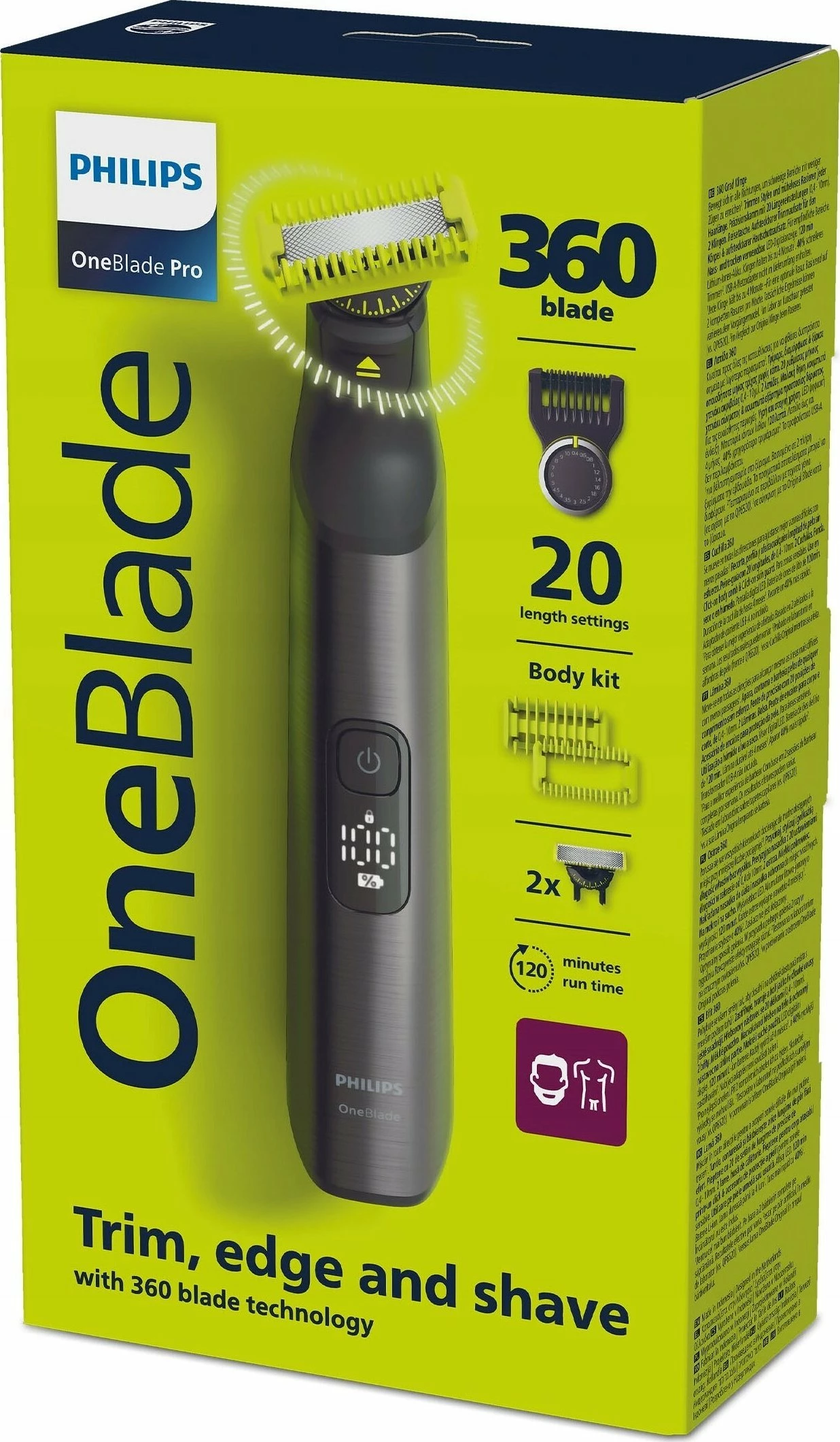 Makinë rroje Philips OneBlade Pro 360 QP6552/15, bateri 120 min, rimbushje 60 min, e papërshkueshme nga uji, 20 gjatësitë, gri, me kuti