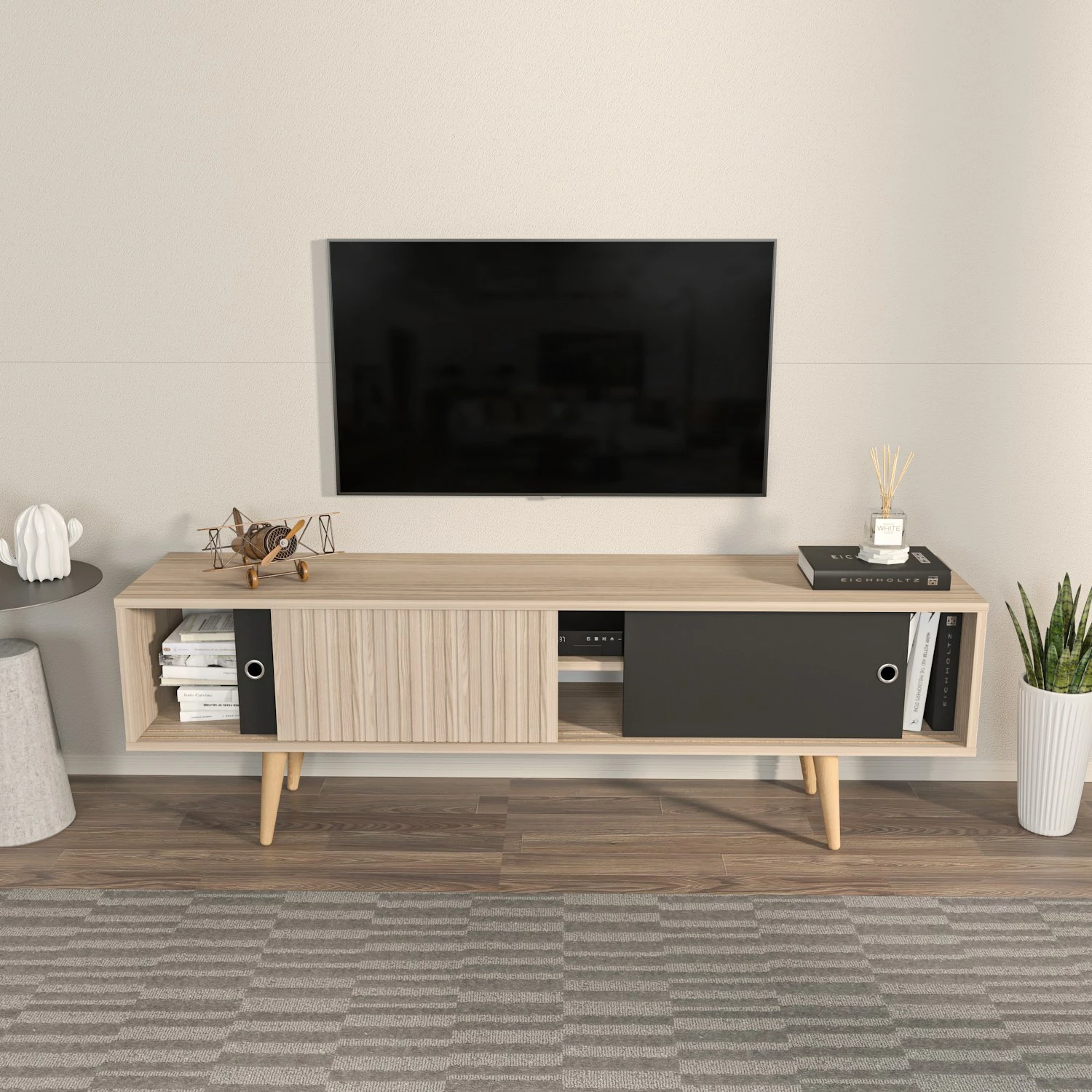 Komodinë TV Skye Decor, ngjyrë lis dhe e zezë