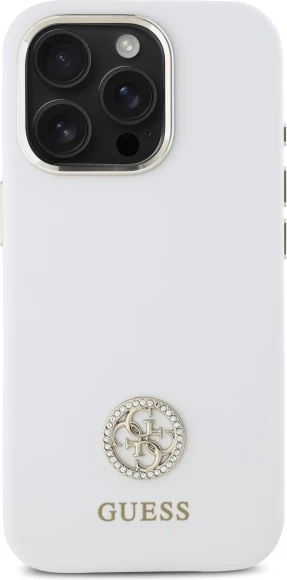 Mbështjellës Guess Silicone Logo Strass 4G për iPhone 16 Pro, Bardhë