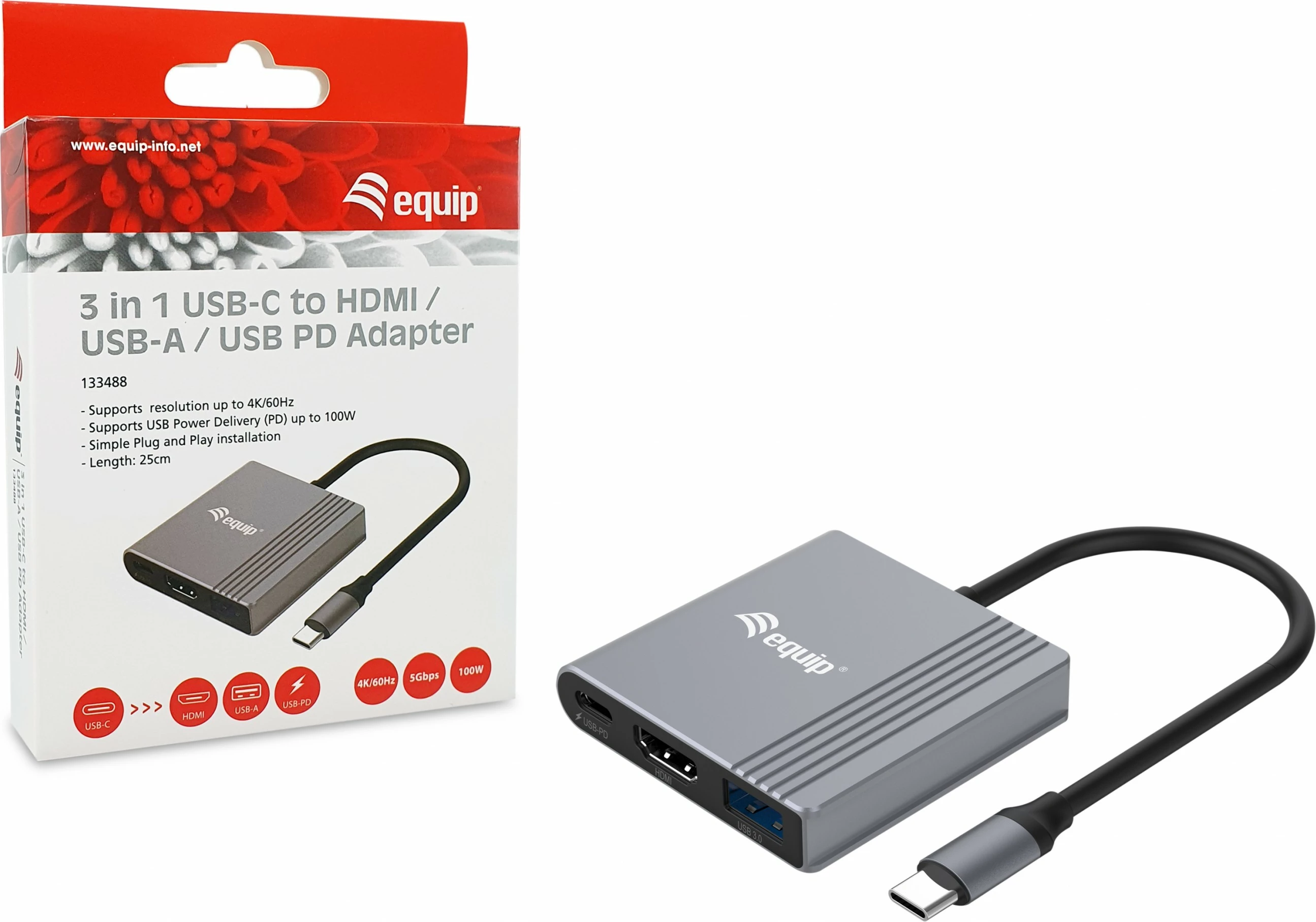 Adapter 3-n-1 USB-C në HDMI/USB-A/USB PD Equip, 3840x2160, i zi/gri