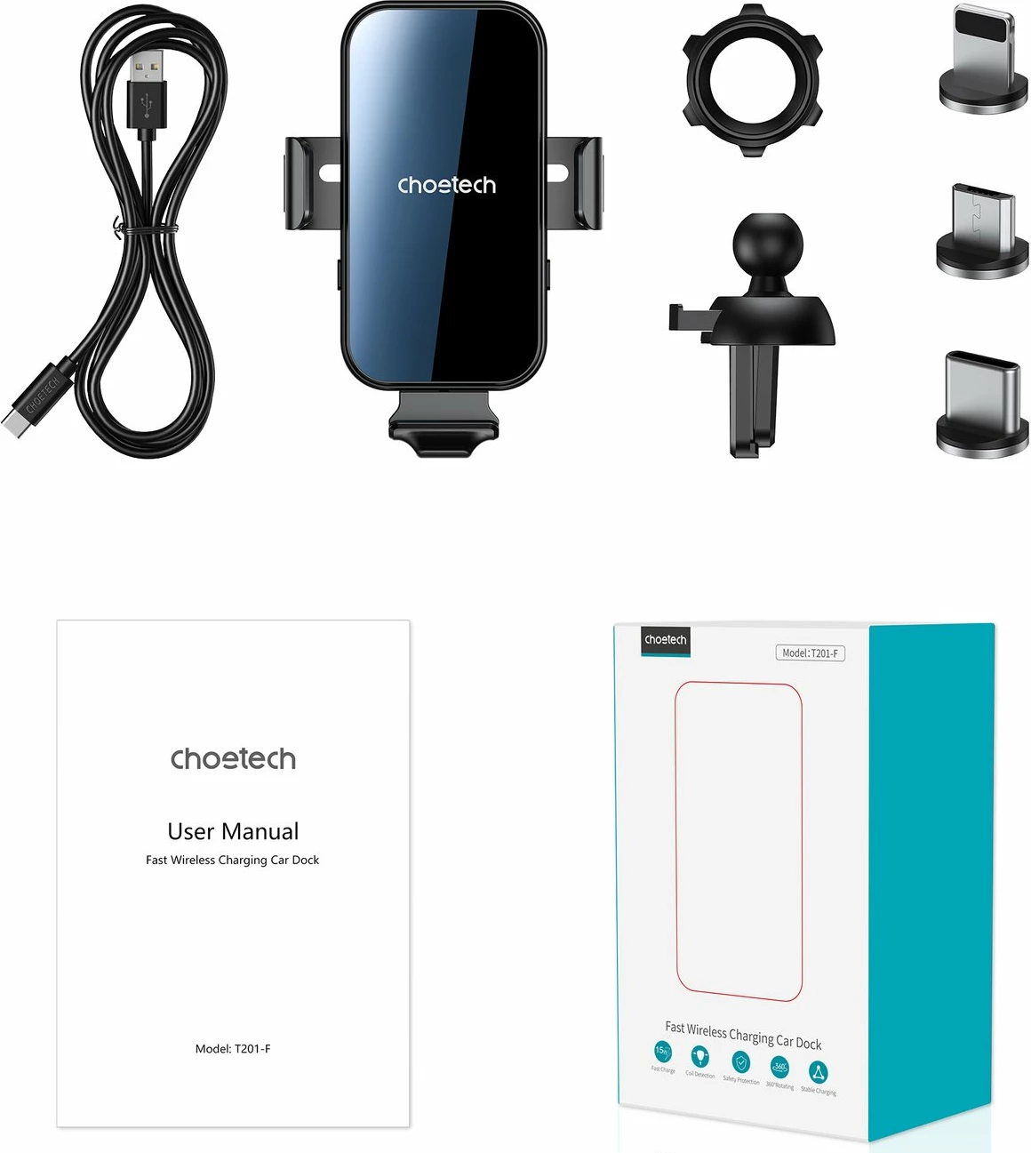 Mbajtës me karikues wireless Choetech T201-F për veturë, me koka magnetike, Zi