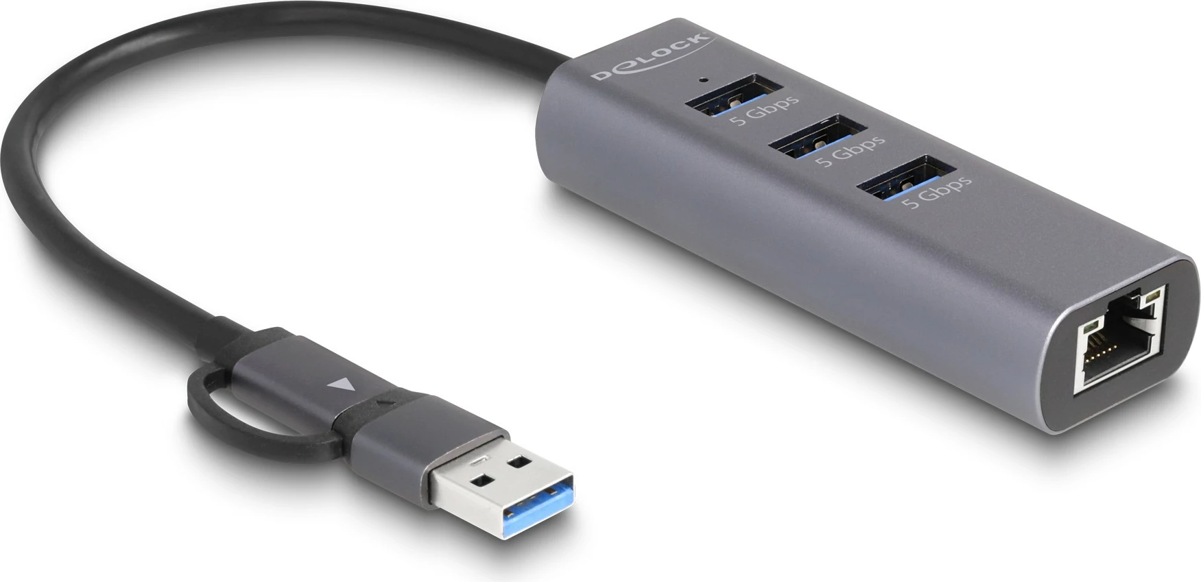USB hub me 3 porta + LAN DeLOCK, USB 3.2 Gen 1, Type-C/Type-A, 5 Gbps, metalik, gri
