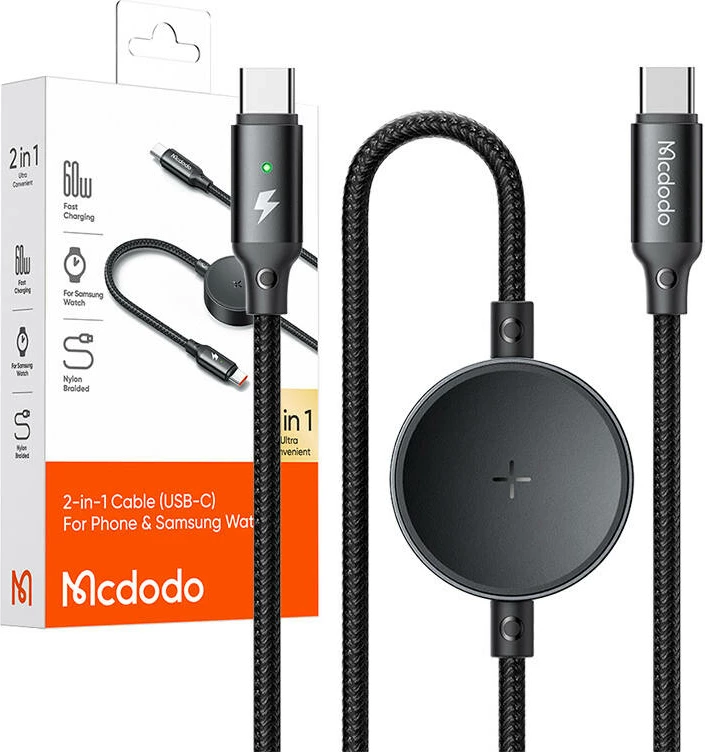 Kabllo 2-në-1 Mcdodo CA-4170 USB-C + karikues wireless për Samsung Watch, 60W, 1.5m, e zezë