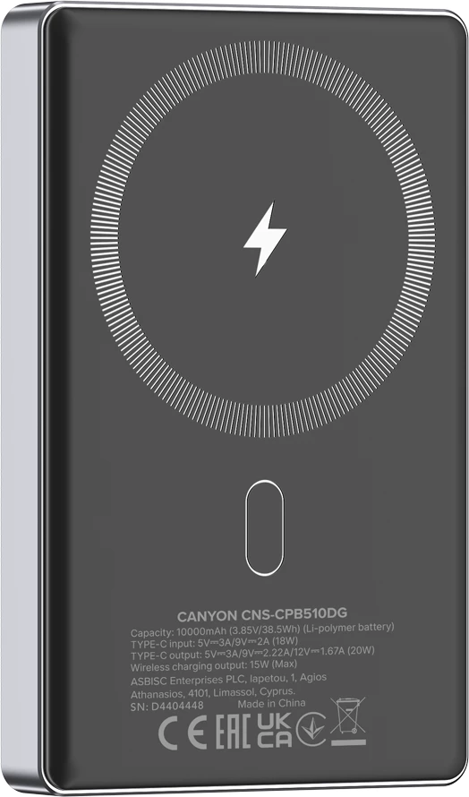 Bateri e jashtme CANYON OnPower 510, 10000 mAh, PD 20W, magnetike (MagSafe), 15W wireless, gri e errët