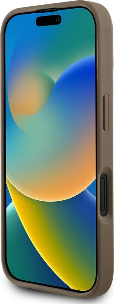 Mbështjellës Guess Grained Hot Stamp Peony Triangle Logo MagSafe për iPhone 16, Kafe