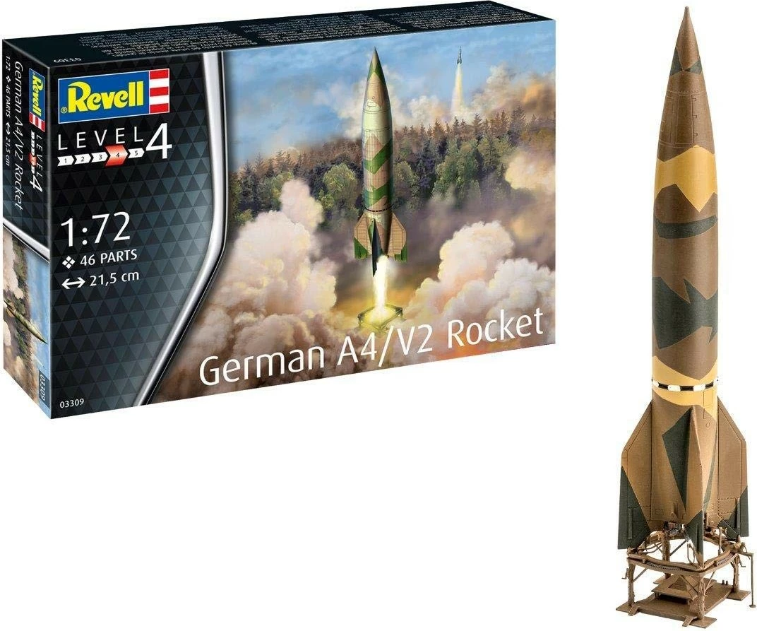 Model plastik Revell 03309, raketë gjermane A4/V2, 1:72, 46 pjesë, 21.5 cm, kafe/jeshile