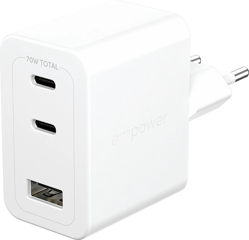 Karikues PanzerGlass empower Turbo 70W, 2x USB-C + USB-A, prizë EU, bardhë