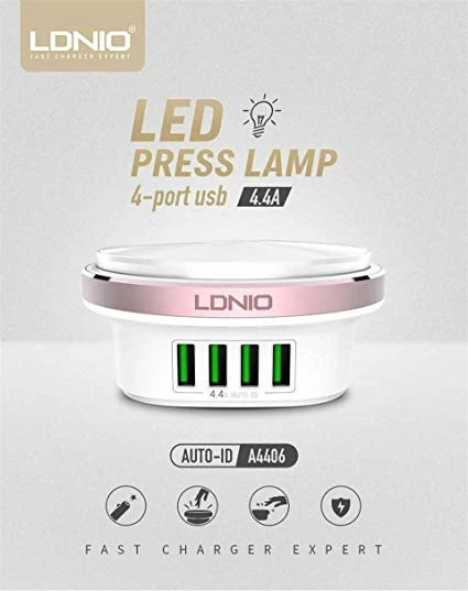 Karikues USB LDNIO A4406, 4 porta, 22W 5V/4.4A, me llampë LED, kabllo 1.5m, i bardhë