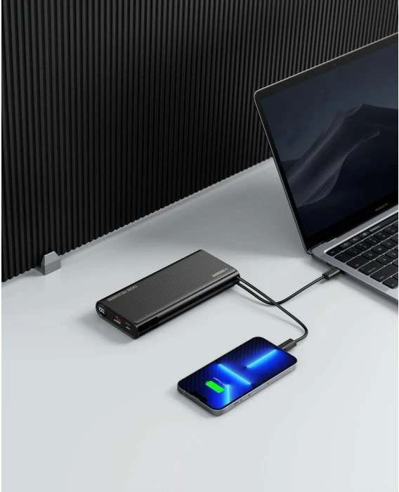 Powerbank VEGER TC130 25000mAh 130W me kabllo USB-C/Lightning, me ekran LCD, e zezë