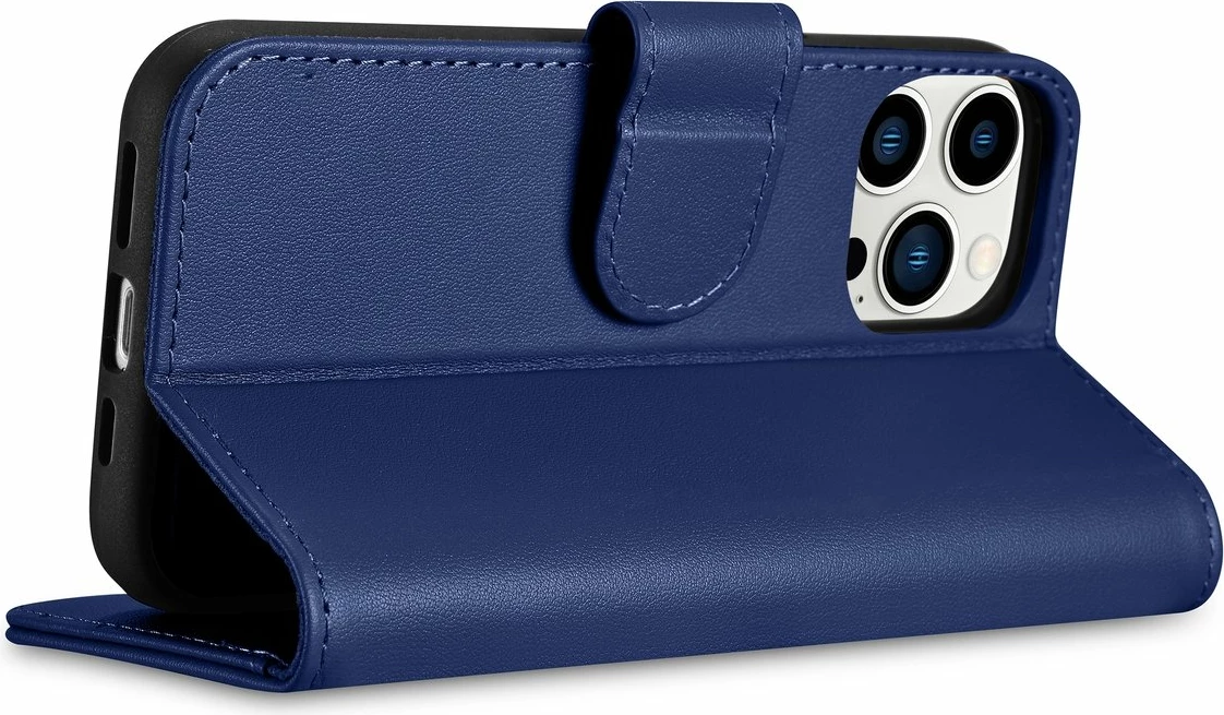 Mbështjellës iCarer Wallet Case 2in1 për iPhone 14 Pro, lëkurë natyrale, Anti-RFID, Blu