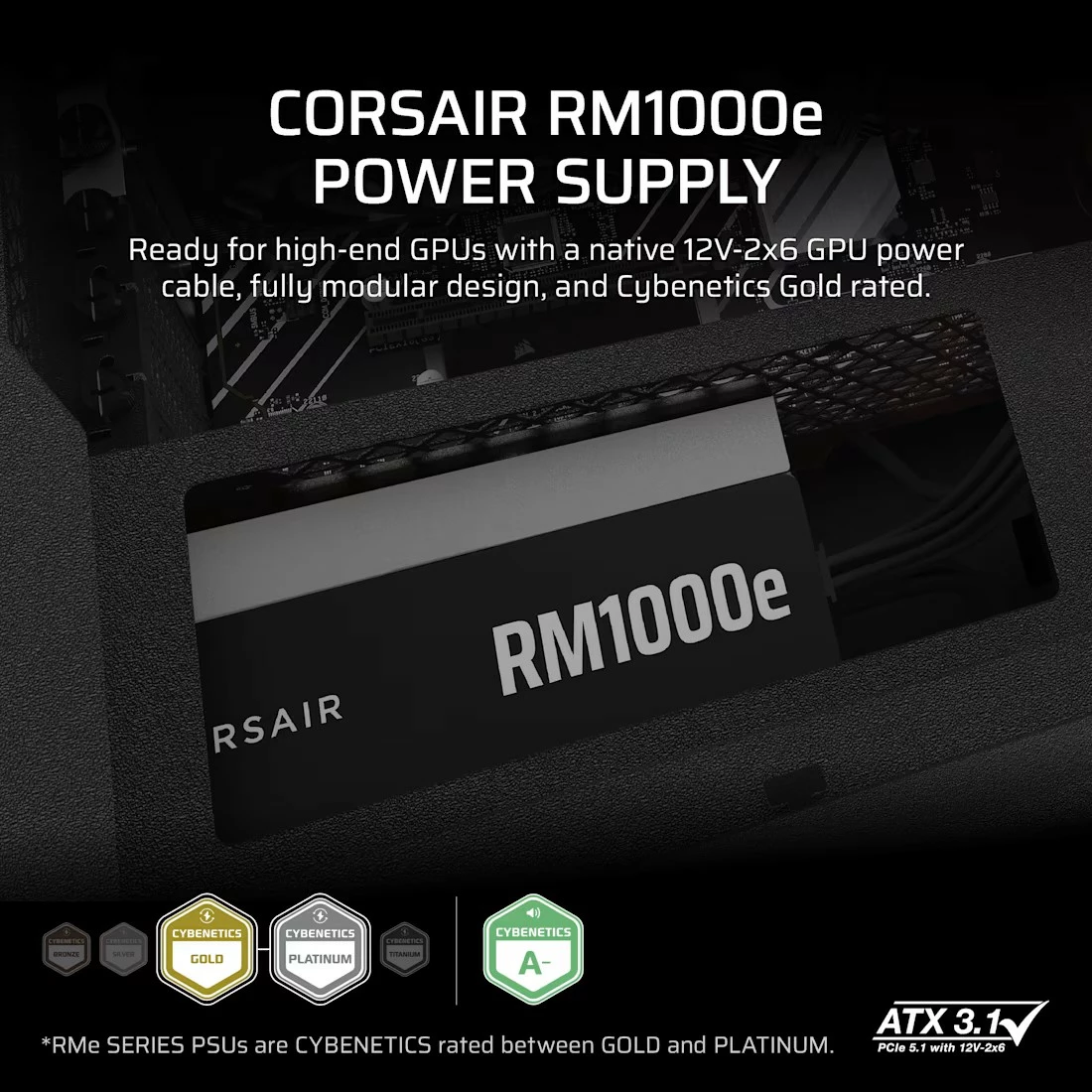 Kasë Corsair RM1000e, 1000 W, plotësisht modulare, ATX 3.1, 80 PLUS Gold, e zezë