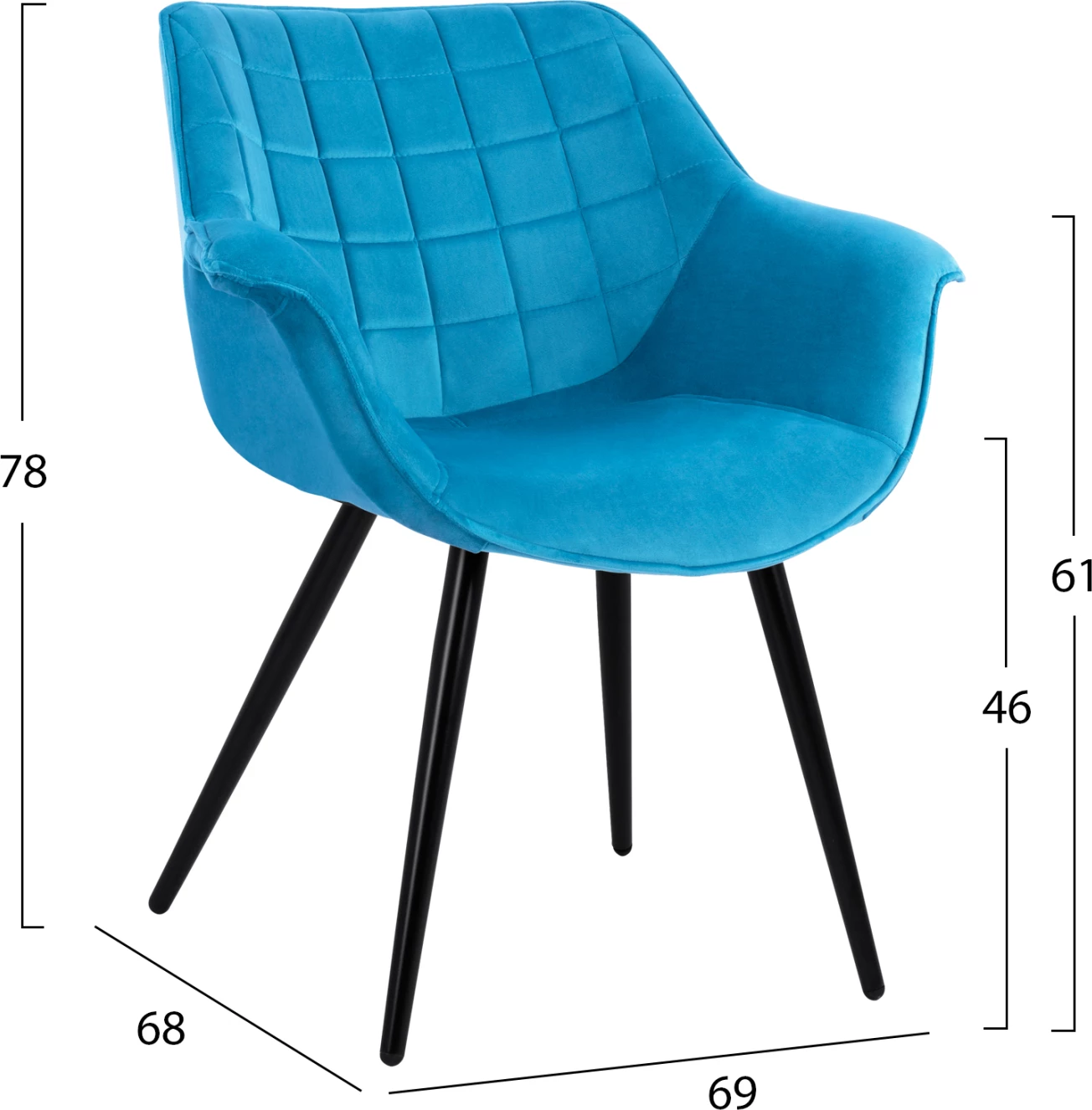 Karrige me krahë Benjamin nga kadife turkuaz me këmbë metalike FH8682.09 69x68x78 cm., set prej 2 copë
