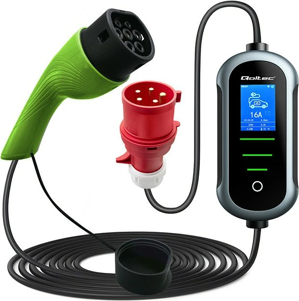 Karikues mobil/Wallbox për automjet elektrik, Qoltec 52437, Type 2 22kW 400V 3‑fazë 32A Wi‑Fi TUYA SMART LIFE LCD kabllo 7m IP65, zi/gjelbër, set me aksesorë