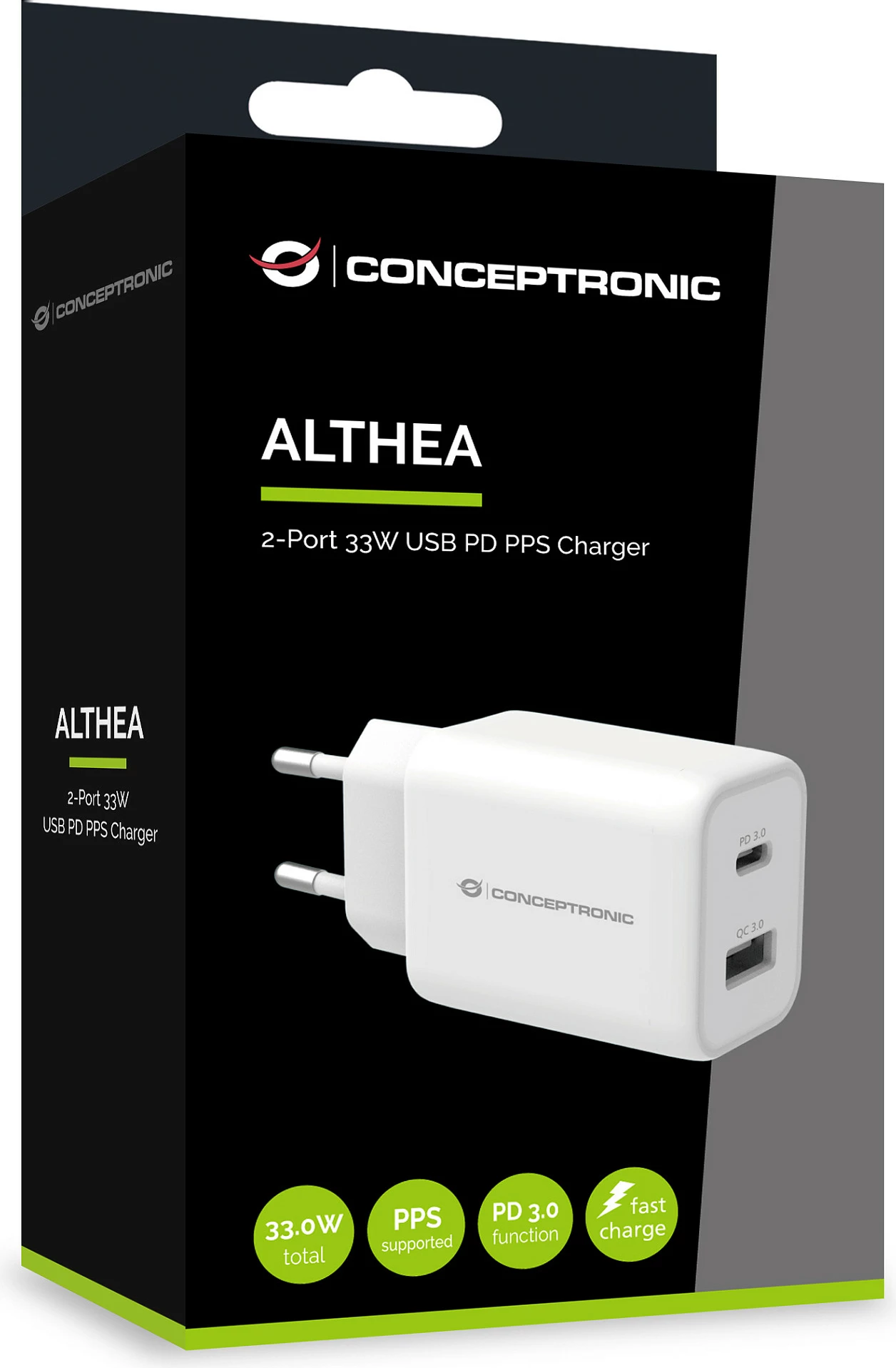 Karikues Conceptronic ALTHEA 33W, 2 porta USB-C PD 3.0 (PPS) + USB-A QC 3.0, i bardhë