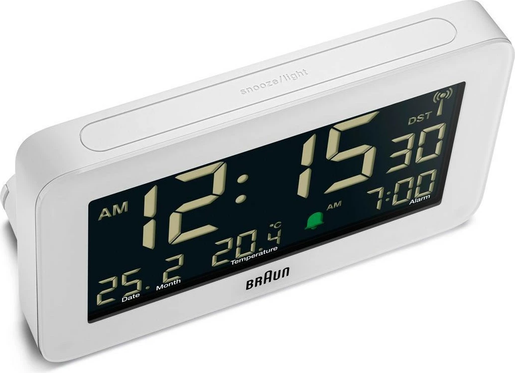 Alarm digjital Braun BC10, ekran LCD, termometër, orar 12/24h, bardhë