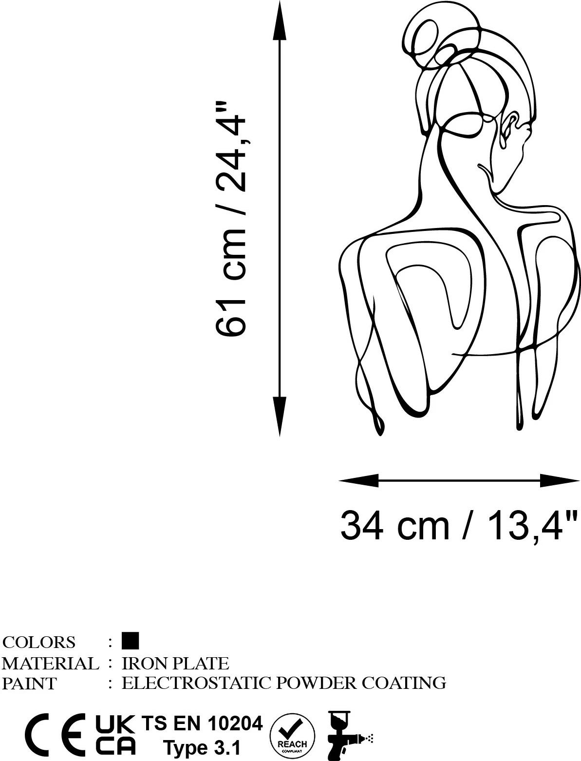 Aksesor dekorativ metalik për mur, Wallity Sorella-1, ngjyrë e zezë, 34x61cm