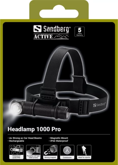 Llambë koke Sandberg Headlamp 1000 Pro 1000 lm, USB-C, IP66, 2000 mAh, e zezë