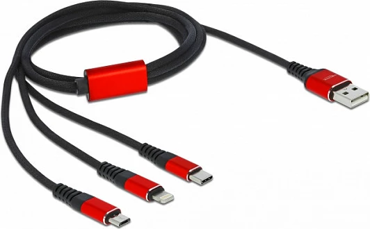 Kabllo karikimi DeLOCK 3-në-1 USB-A në Lightning + 2x USB-C, 1 m, USB 2.0, 3A, zi/kuqe