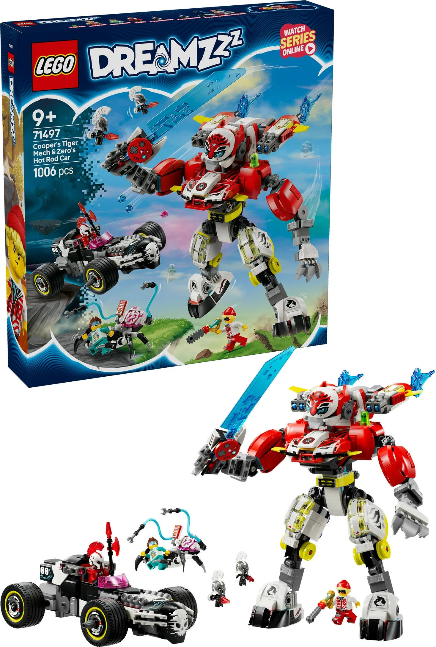 Set ndërtimi LEGO DREAMZzz 71497, Cooper Tiger-Mech & Zero Hot Rod, 1006 pjesë, multikolor