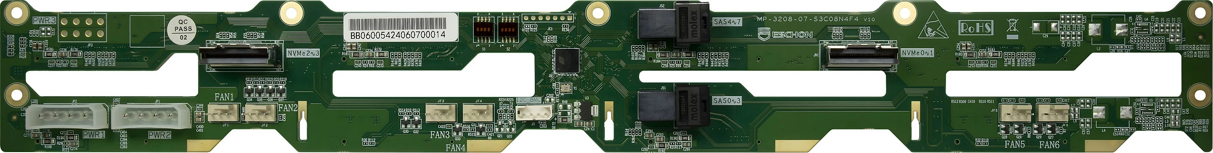 Backplane Inter-Tech BP-4708-NVMe, 8x NVMe, PCB e gjelbër