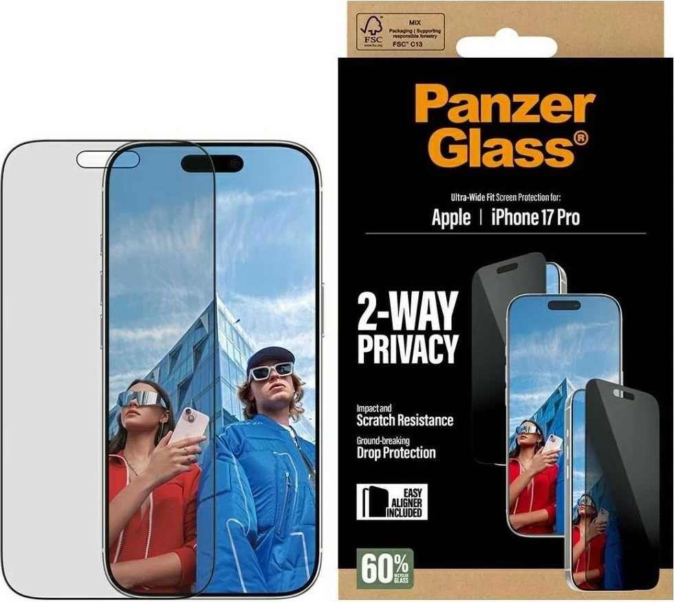 Mbështjellës PanzerGlass Ultra-Wide Fit EasyAligner për iPhone 17 Pro, privacy glass, e zezë