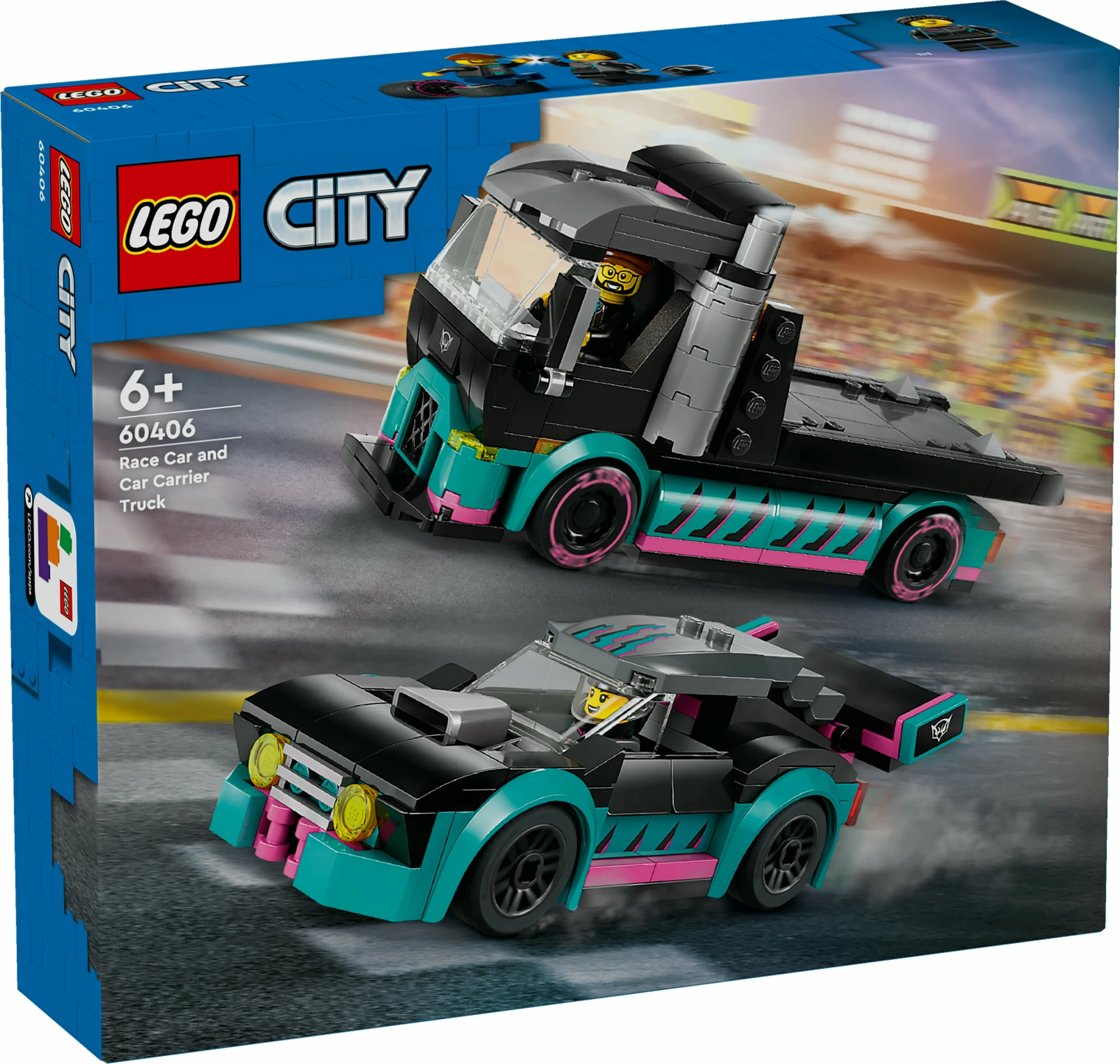 Set ndërtimi LEGO City 60406, autotransporter me makinë gare, 328 pjesë, shumëngjyrësh