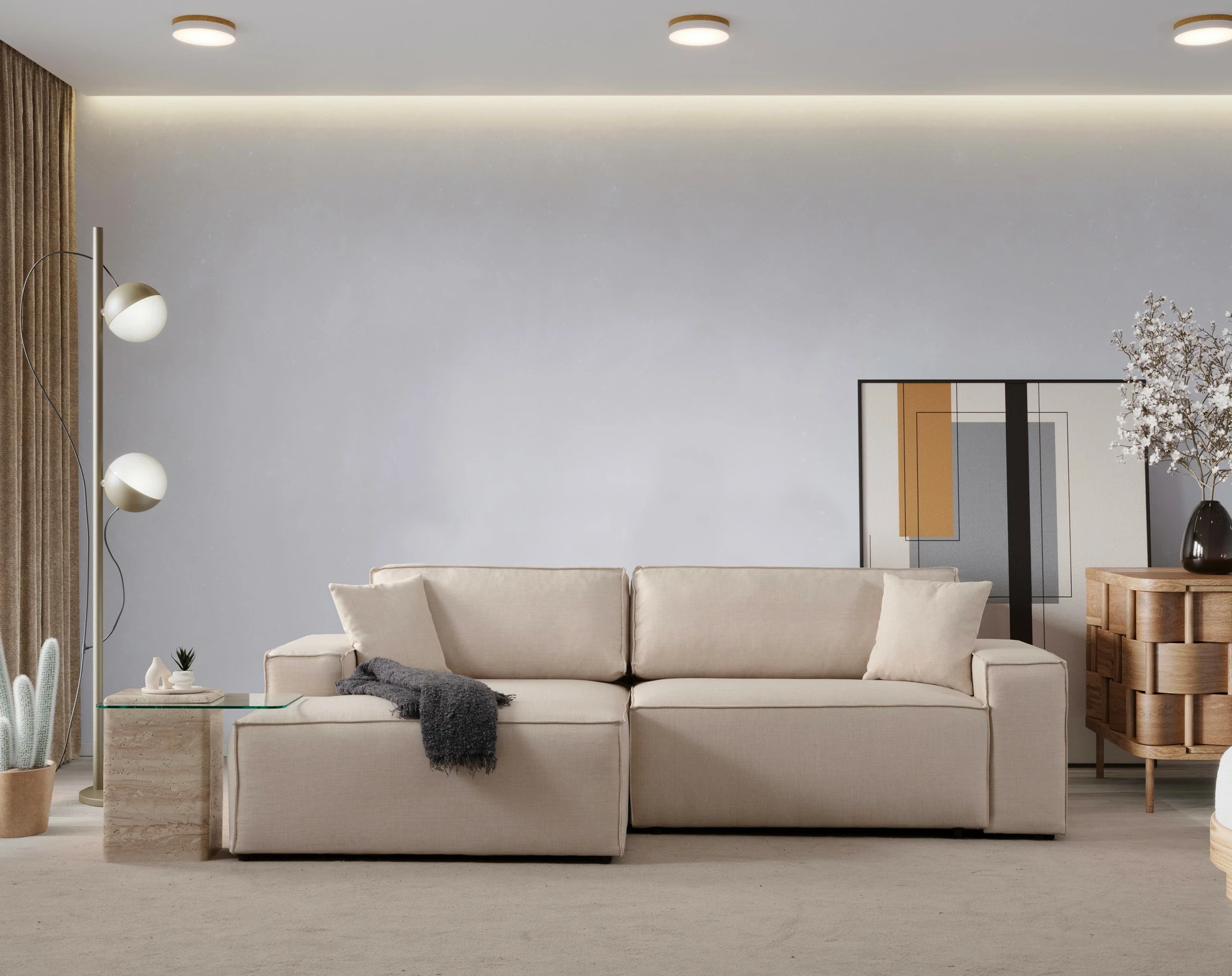 Kënd divan-krevat Atelier del Sofa, model Pırlo kënd i majtë, ngjyrë ecru