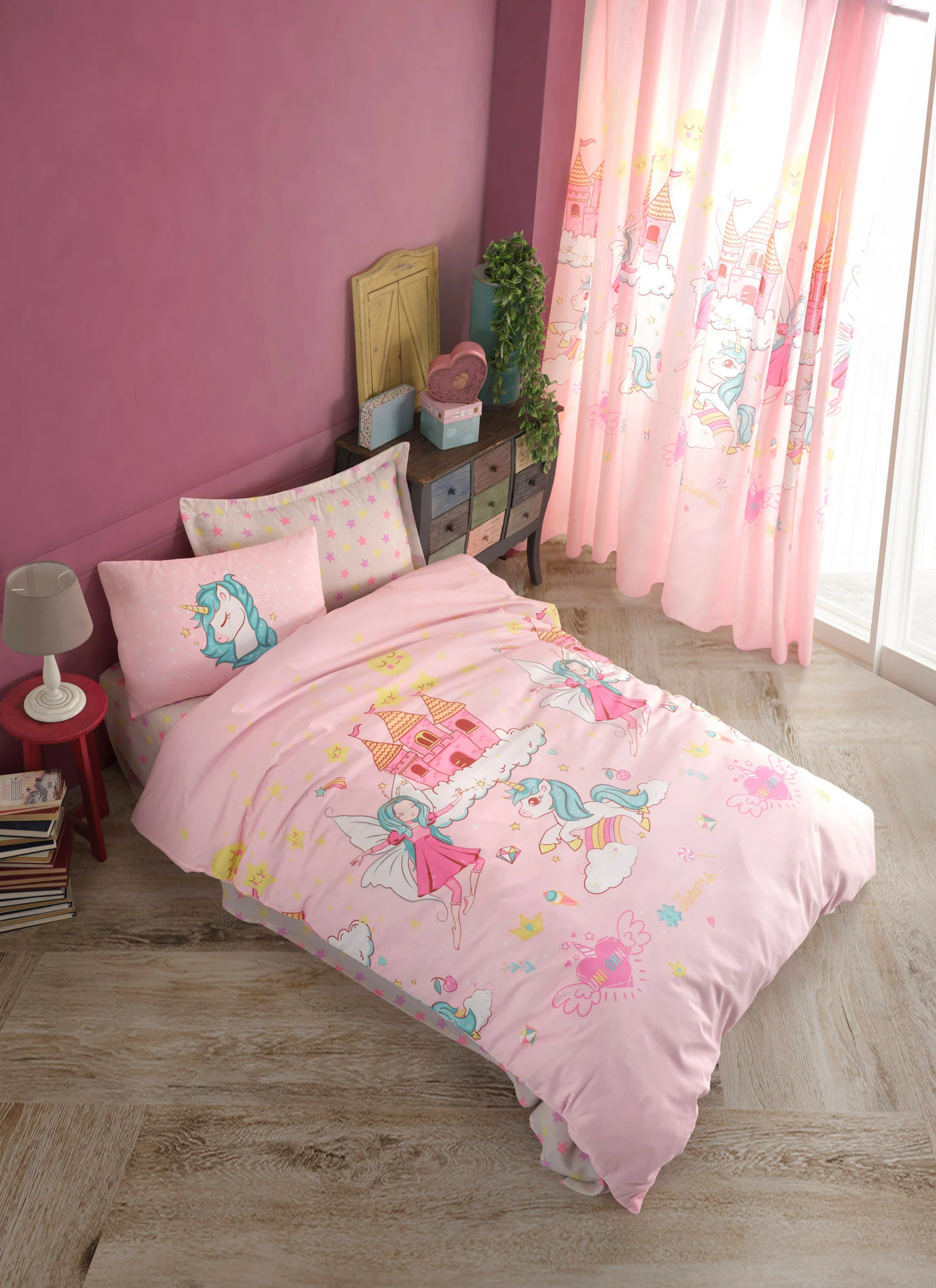 Set mbulesë për jorgan, njësh, L'essentiel, Unicorn Dreams, rozë