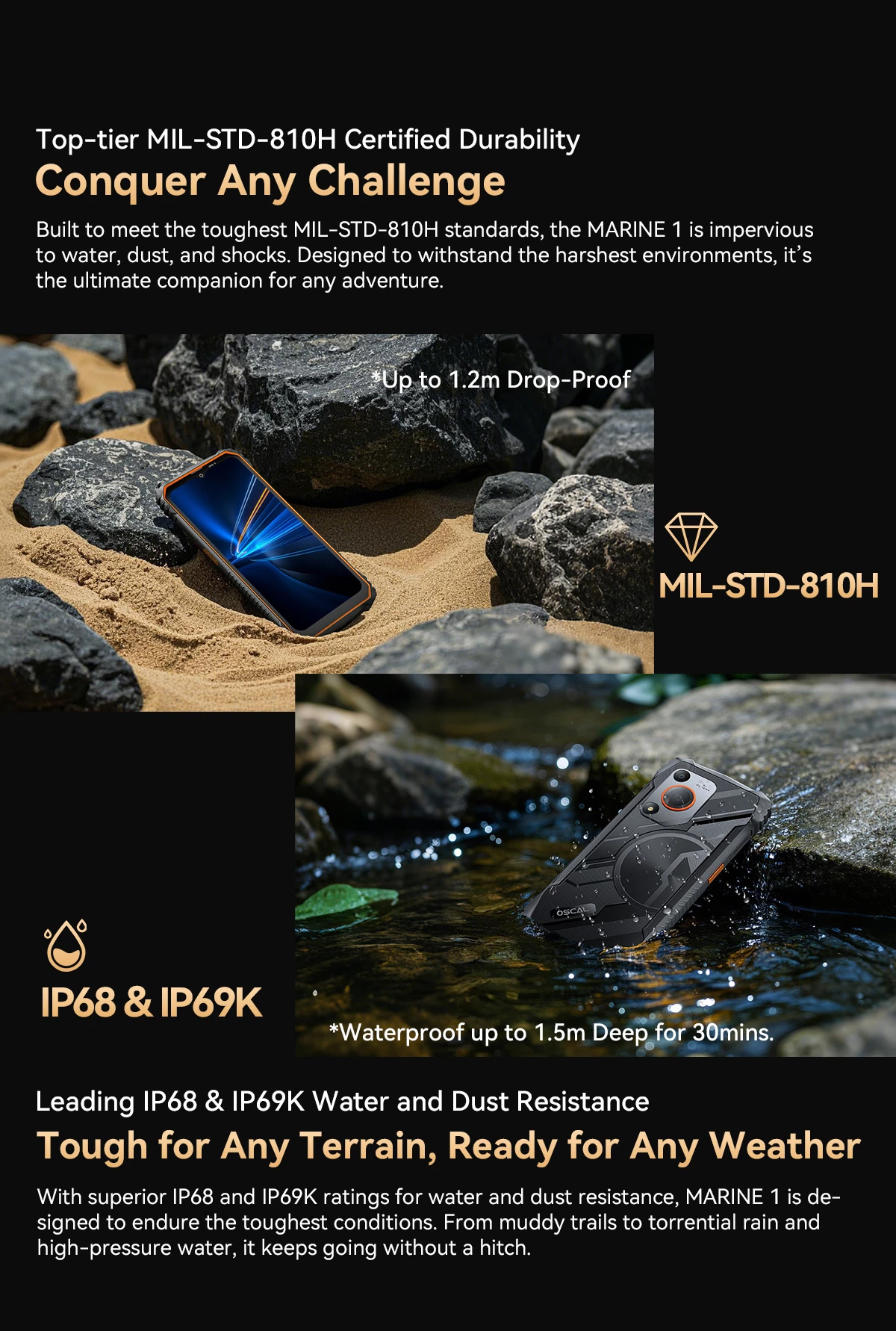 Celular Oscal Marine 1 4GB RAM 128GB 5100mAh IP68/IP69K MIL-STD-810H, portokalli