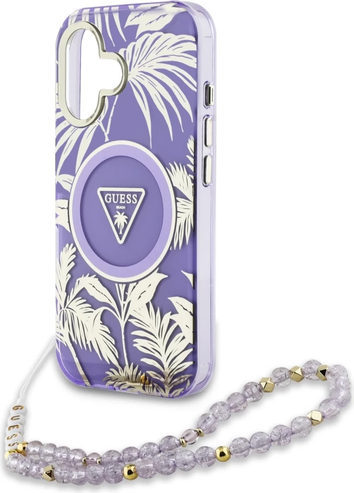 Mbështjellës Guess Palm Trees Triangle Pearl Strap MagSafe për iPhone 16, Vjollcë