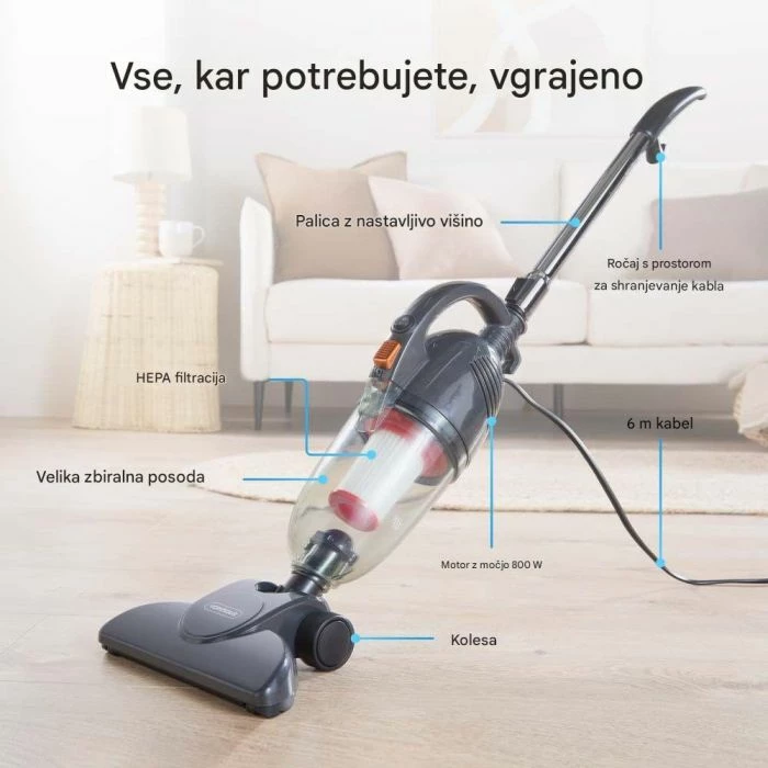 Fshesë me korrent vertikale VonHaus 3007796 800W, pa qese, 1.3L, filtër HEPA, 2-në-1, e zezë