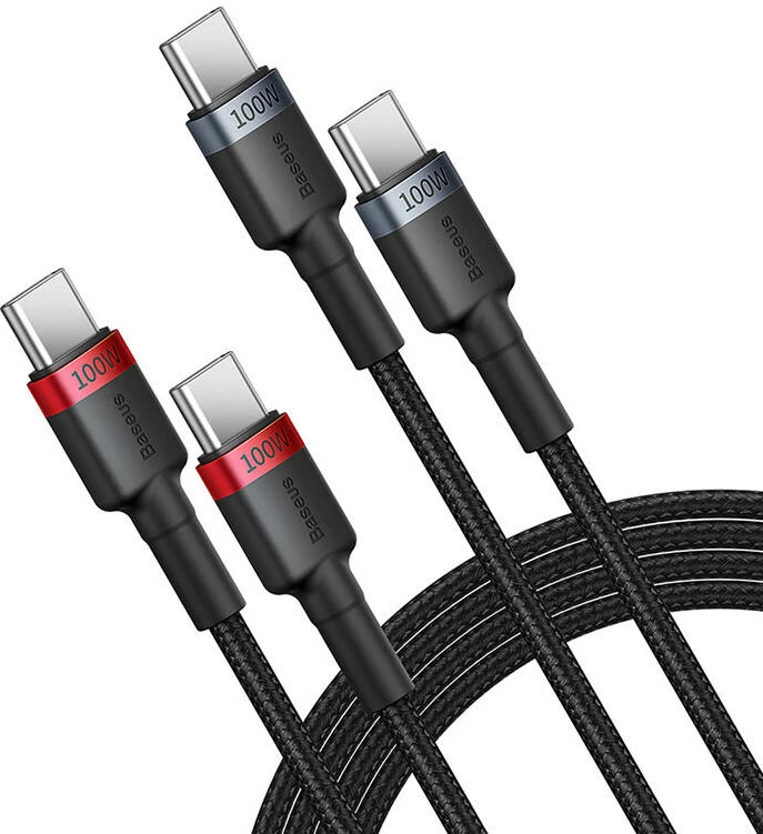 Kabllo USB-C në USB-C Baseus Cafule, 2m, 100W, set prej 2 copë, kuqe-e zezë dhe gri-e zezë