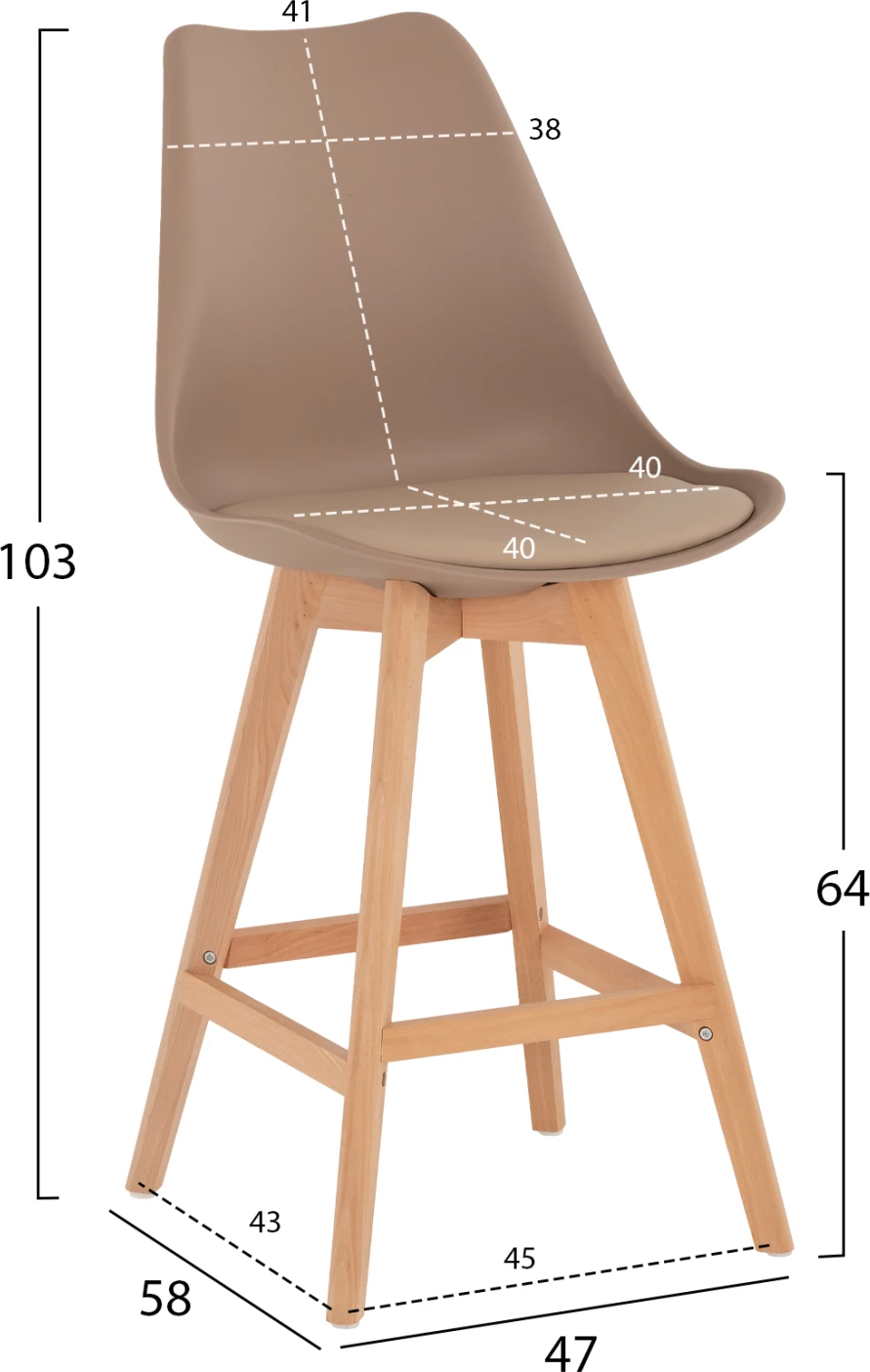 Karrige për bar VEGAS FH8000.55, lartësi mesatare, polipropilenë ngjyrë kapuçino, dru ahu natyral, 47x58x103H cm., set prej 4 copë