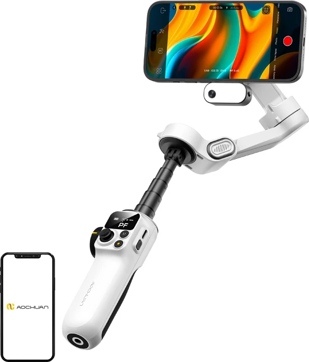 Gimbal 3-aksësh për celular AOCHUAN P2 me modul AI, MagSafe, ekran OLED, set me tripod e çantë, i bardhë