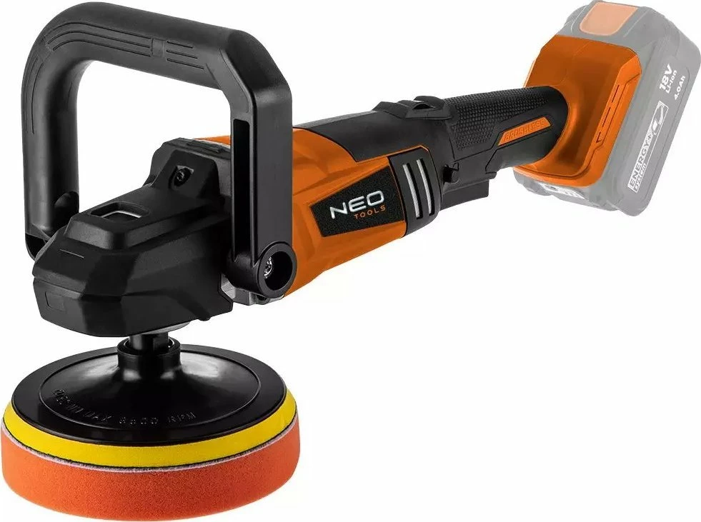Polerka akumulatorike NEO Energy+ 18V 04-602, 150 mm, brushless, portokalli/zi, set me 3 jastëkë (pa bateri/karikues)